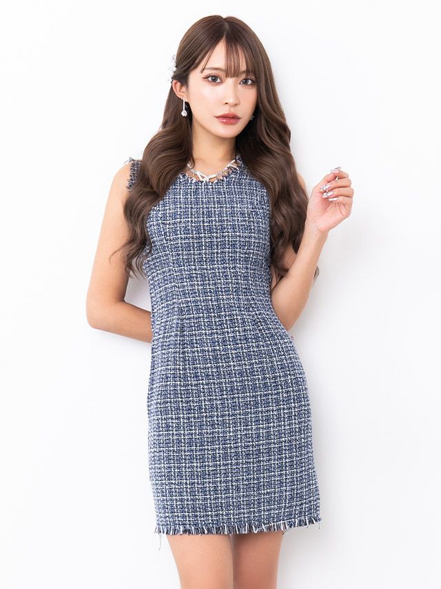 フリンジ ノースリーブ ツイード ドレス