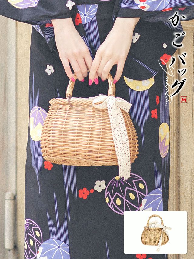 ころんと丸いフォルムが可愛いレースリボン付きカゴバッグ