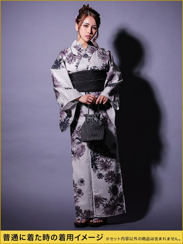 シックなグレー地にヴィンテージ花が映える大人の2way浴衣セット