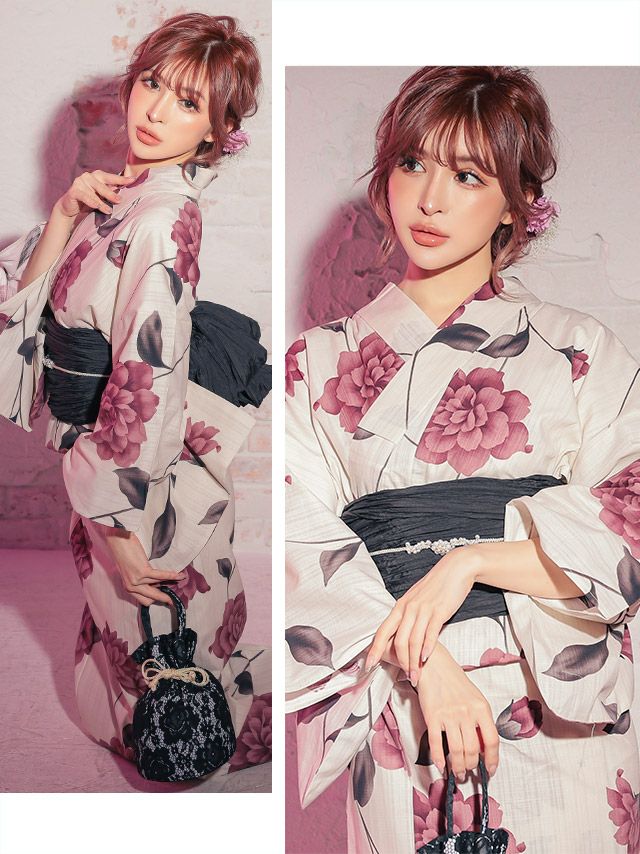 どこかミステリアスな雰囲気醸し出す大人のピンク系浴衣セット