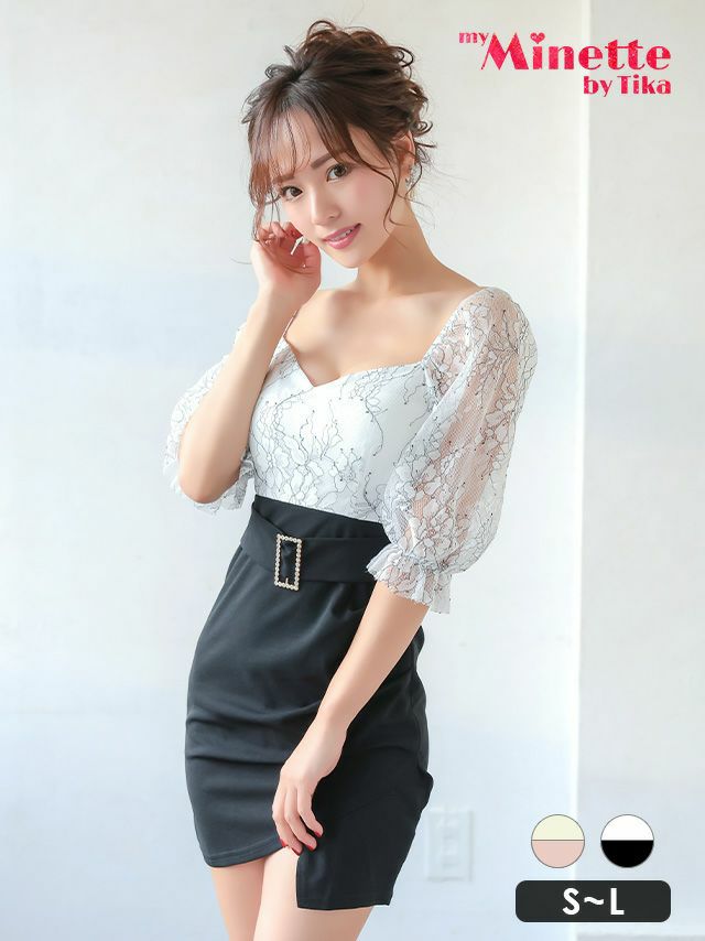 広く開いたデコルテ部分で色気際立つ脚長効果抜群なバイカラータイトミニドレス