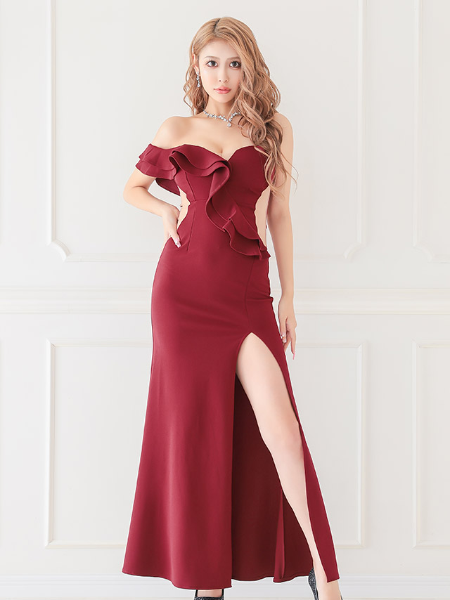 フリルオフショルウエストカットロングドレス