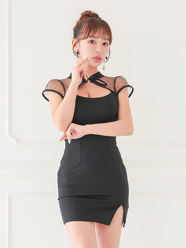 シースルー ドット柄 チャイナボタン スリット タイト セクシー ミニドレス