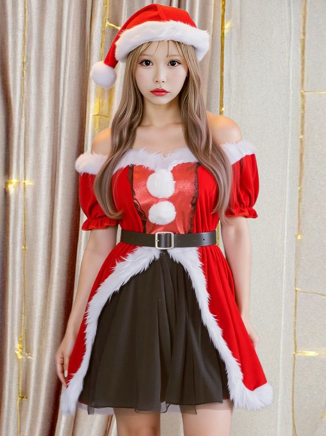 肩見せでちょっぴりセクシーな王道レッドサンタコスプレ