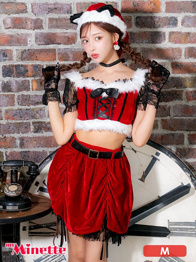 胸元のレースアップデザインがキュートな猫耳付きサンタ帽が特徴のサンタコス