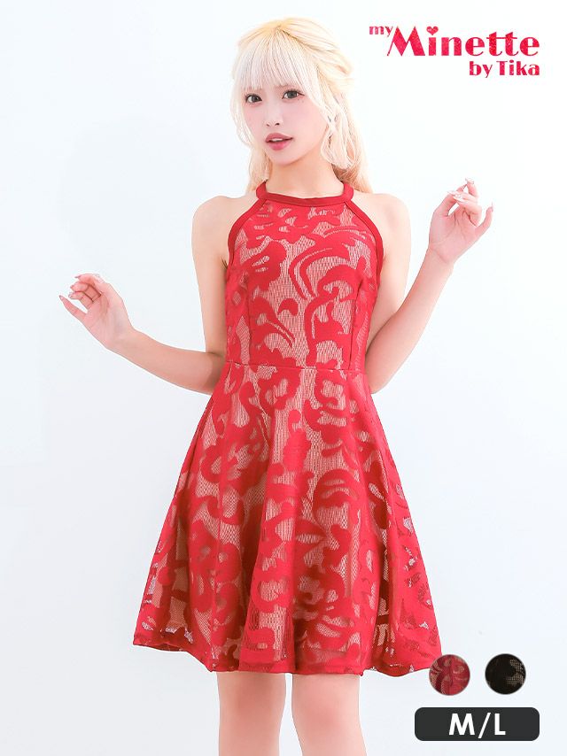 主役級の真っ赤なレッドにレース模様がクラシカルなフレアミニドレス