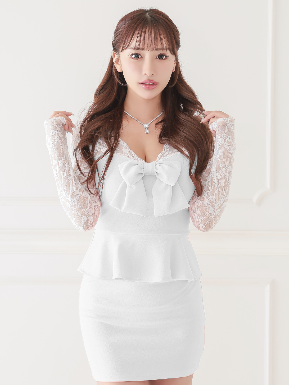 フロントリボン+透けレースミニドレス
