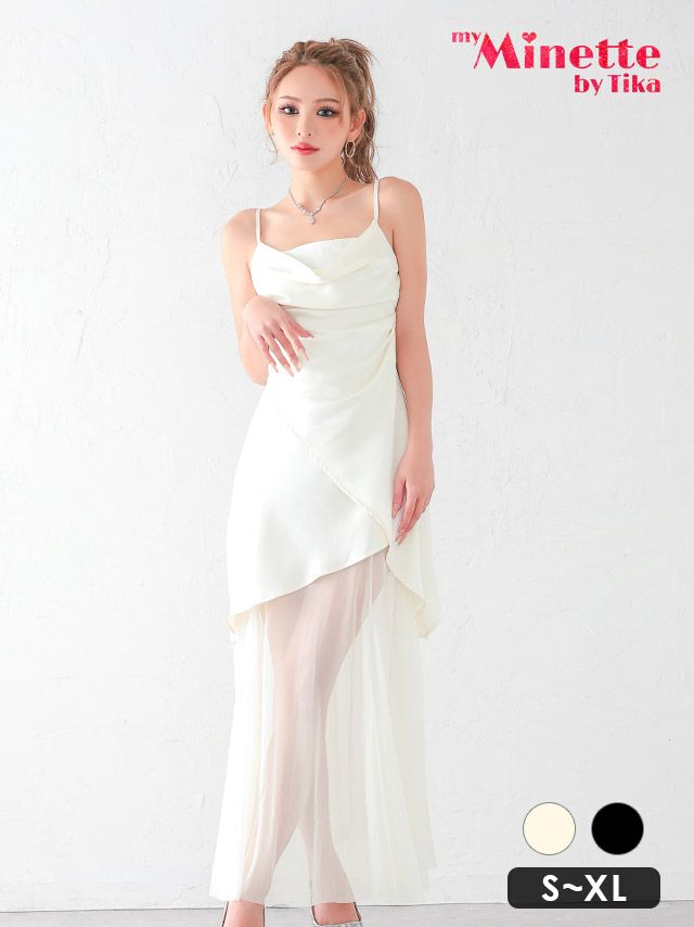 透明感のあるシアー生地と高級感サテンのコントラストが光るホワイトロングドレス