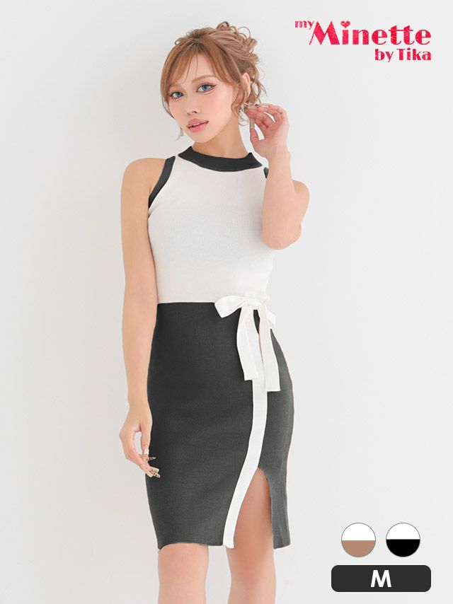 ウエストのリボンと深めのスリットがセクシーな膝丈ミニドレス