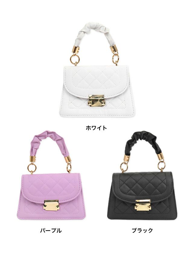 くしゅっとしたハンドル部分がキュートなアクセントのスクエアハンドミニバッグ