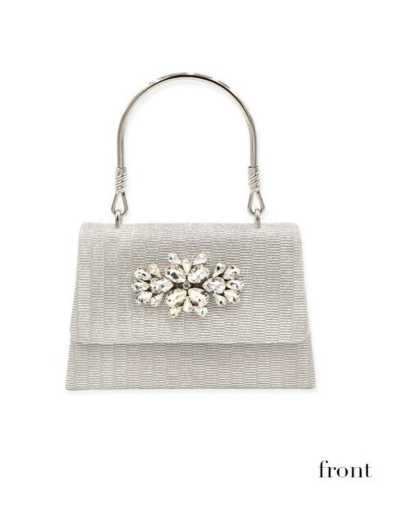 華やかな総ラメに中央の大きなビジューが主役級に映えるスクエアハンドミニバッグ