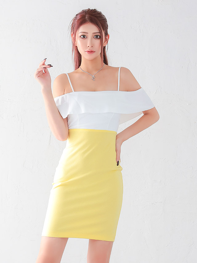 オフショル キャミソール フリル 肩あき ウエスト切り替え タイト ミニドレス