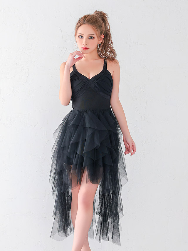 クロスVネック キャミソール チュール フリル ボリューム ロングテールドレス