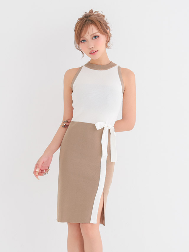 ホルターネック ノースリーブ リボン ミニドレス