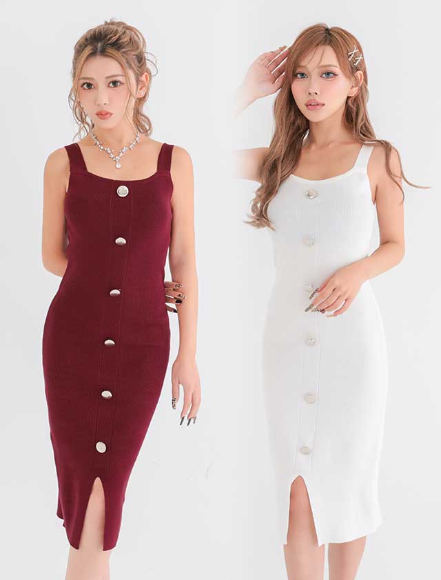 ノースリーブ シルバーボタン 膝丈 ドレス