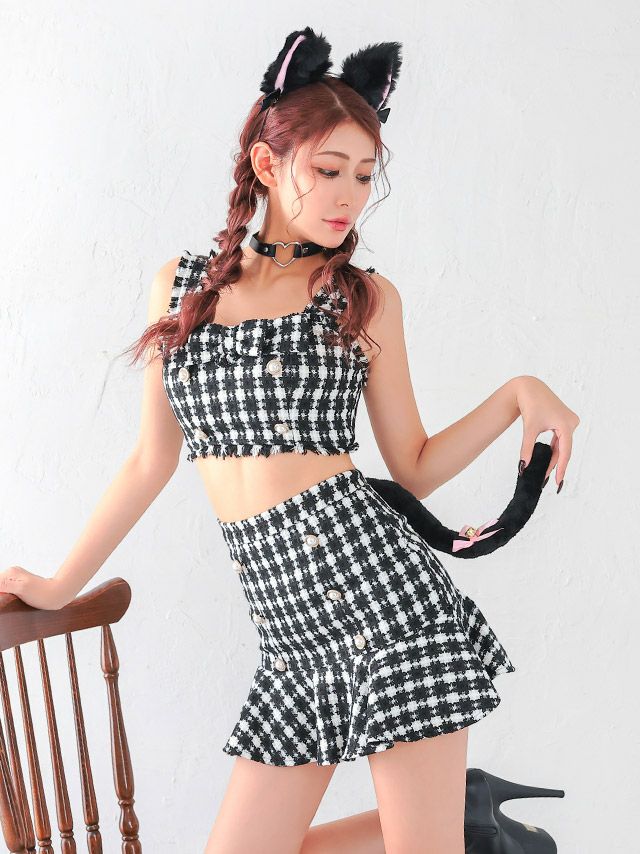 高見えブラックツイードセットアップの今っぽ猫コスプレ