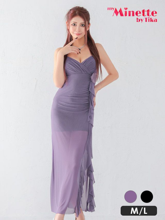 露出し過ぎない透け感のシースルースカートがほんのりと色気引き立てる洗練された大人なタイトロングドレス