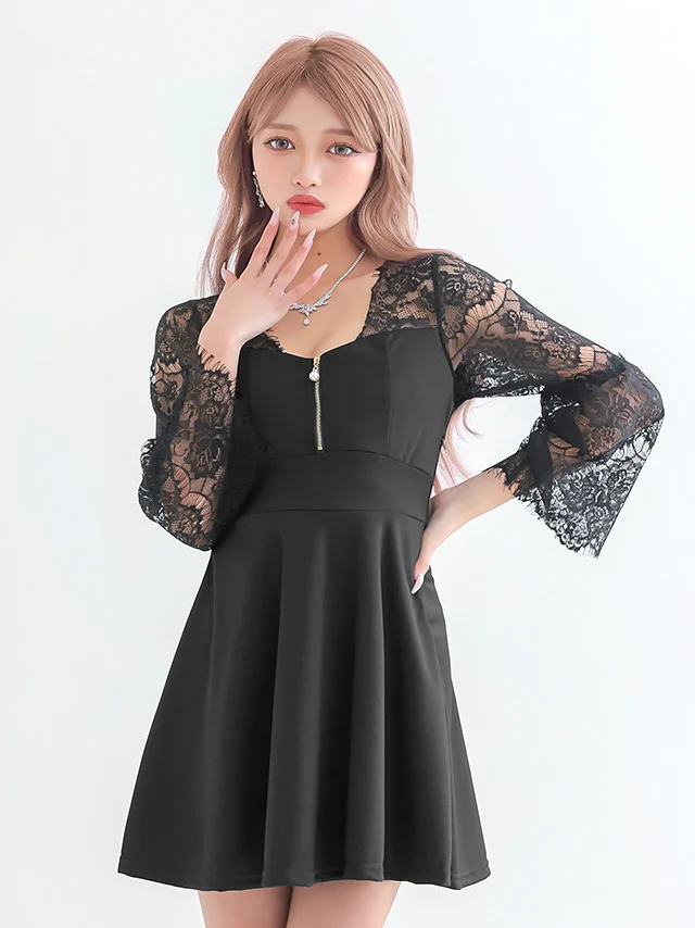 透けるブラックレースがセクシーなジップ付きフレアミニドレス