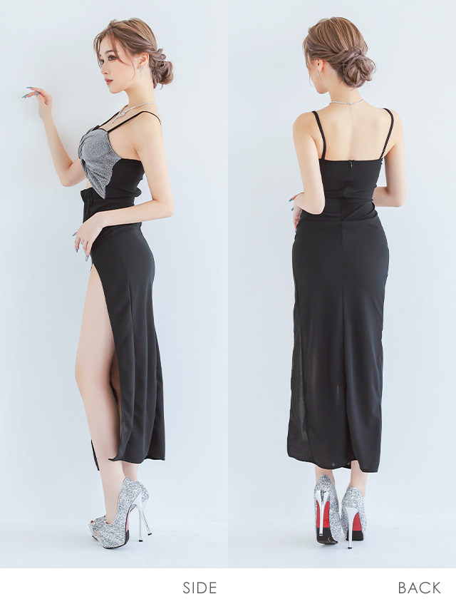 背中が大きく開いたセクシーなロングスリットドレス