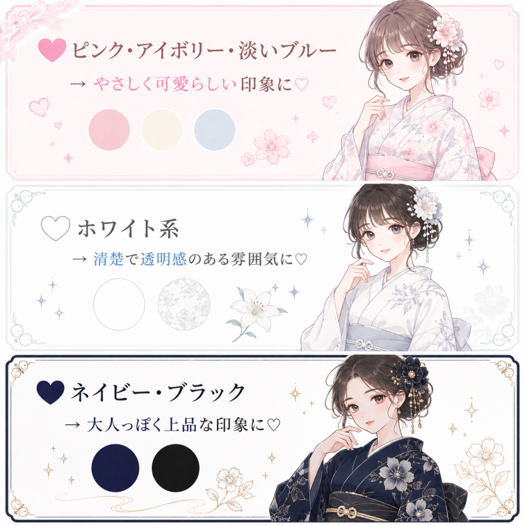 透明感を出したい → 白・淡ピンク・ラベンダー

大人っぽく見せたい → ネイビー・グレー・くすみカラー

華やかに見せたい → 赤・ピンク・オレンジ系