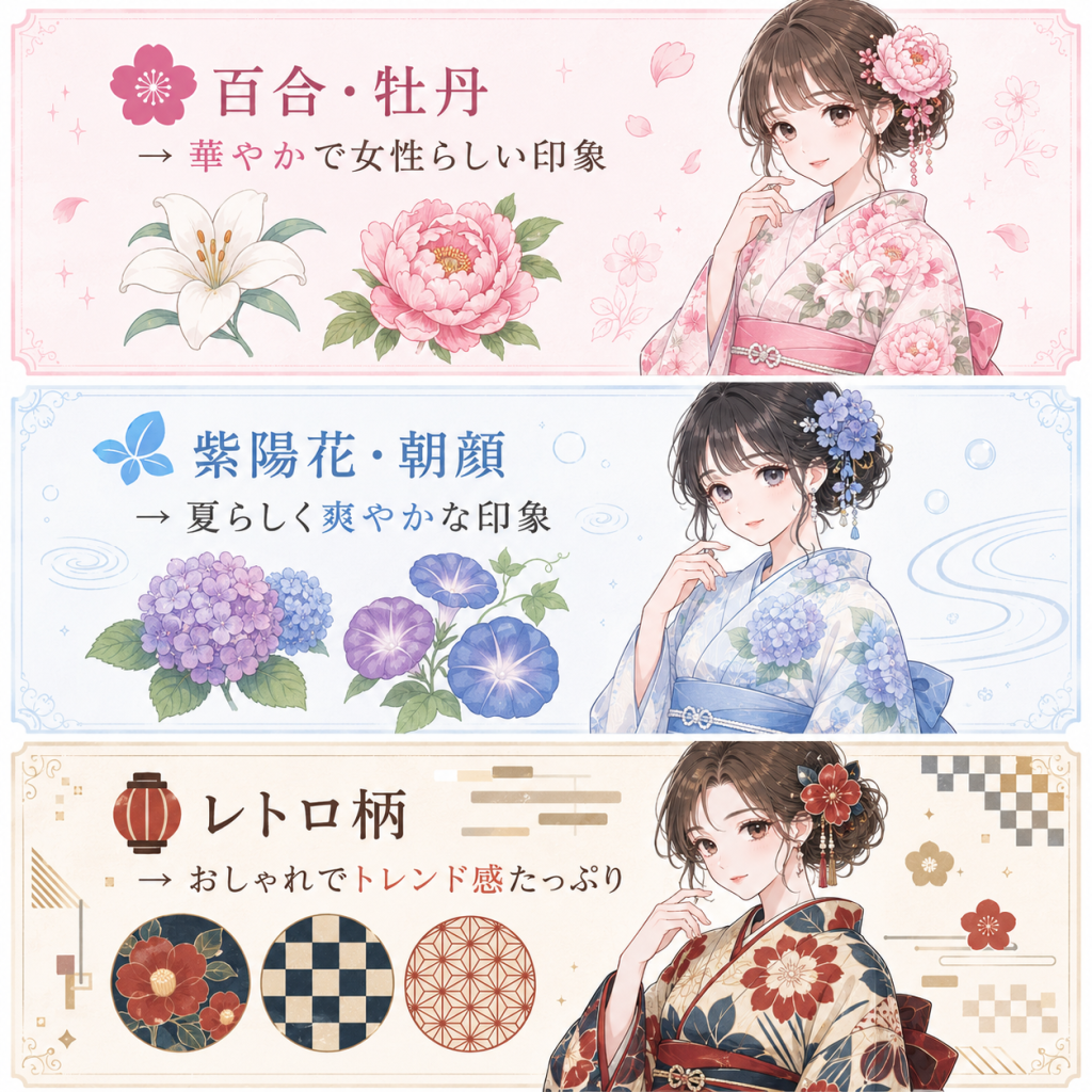百合・牡丹柄は華やかで女性らしい印象

紫陽花・朝顔は夏らしく爽やかな印象

レトロ柄はおしゃれでトレンド感たっぷり