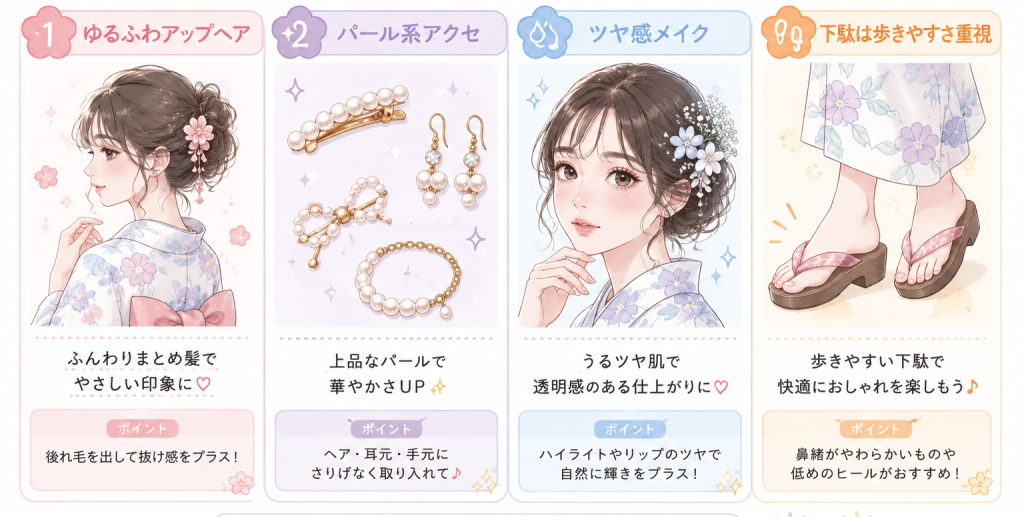モテ浴衣をさらに可愛く見せるコツ

ゆるふわアップヘア
パール系アクセ
ツヤ感メイク
下駄は歩きやすさ重視